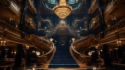 Golden grand staircase in a glowing dreamlike palace interior.