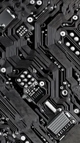 Close-up black and silver printed circuit board surface.