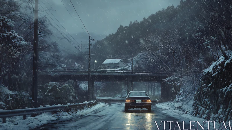 Car on wet winter road beneath bridge in snowy mountains.