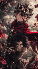Red eyed anime boy in goggles with crimson cloak outdoors.