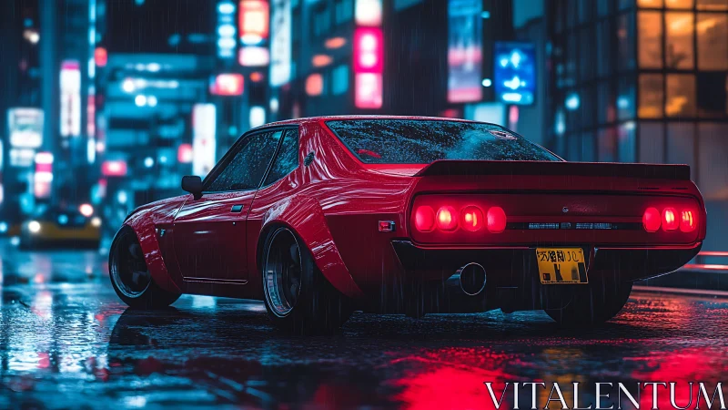 Red widebody retro coupe in neon-lit rainy urban alleyway