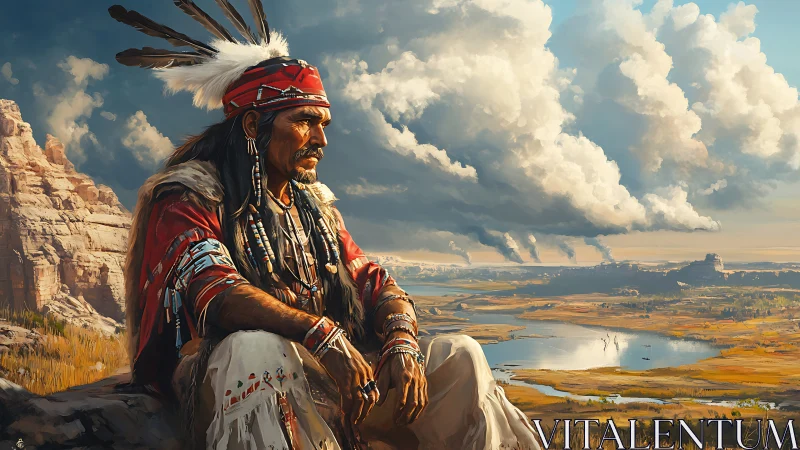 Digital painting of Native elder in panoramic river landscape.