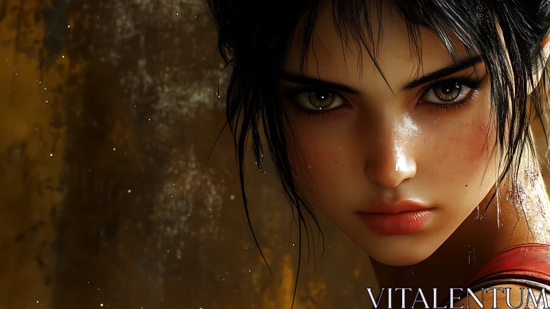 Hyperreal portrait of intense woman with wet skin and grit