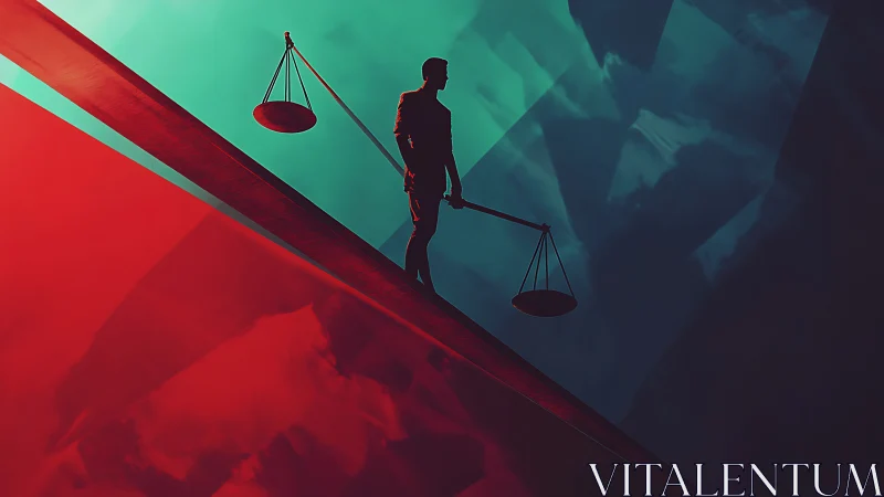 Silhouetted figure balancing legal scales on abstract beam