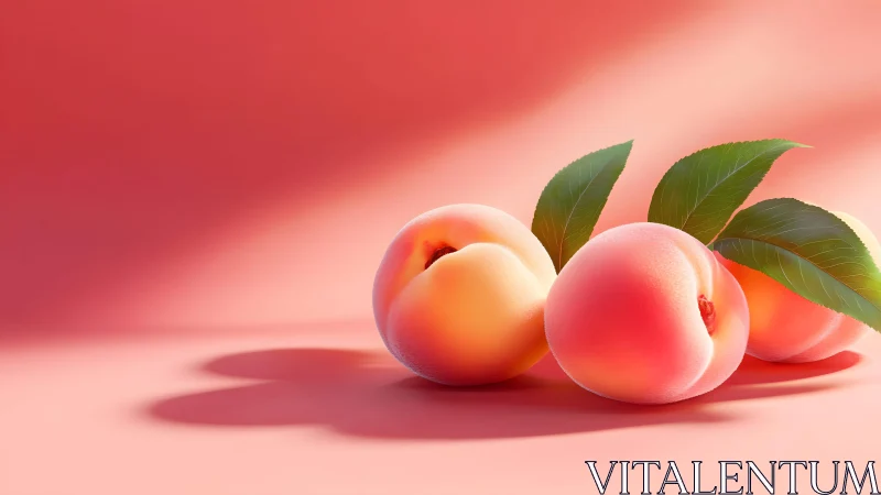 Fresh ripe peaches with leaves on pink background, soft light.