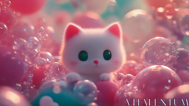 Adorable White Kitten in a Dreamy Bubble Paradise.