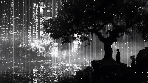 Silhouetted figure under tree facing luminous city rain.