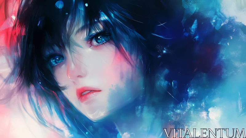 Ethereal anime portrait in luminous blue and pink haze.