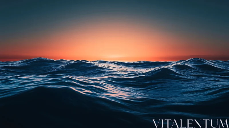 Ocean swells under vivid gradient sunset horizon line.