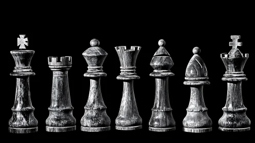 Weathered chess kings stand in stark monochrome drama