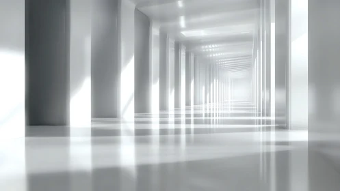 Minimalist corridor with repetitive columns and bright fluorescent lighting