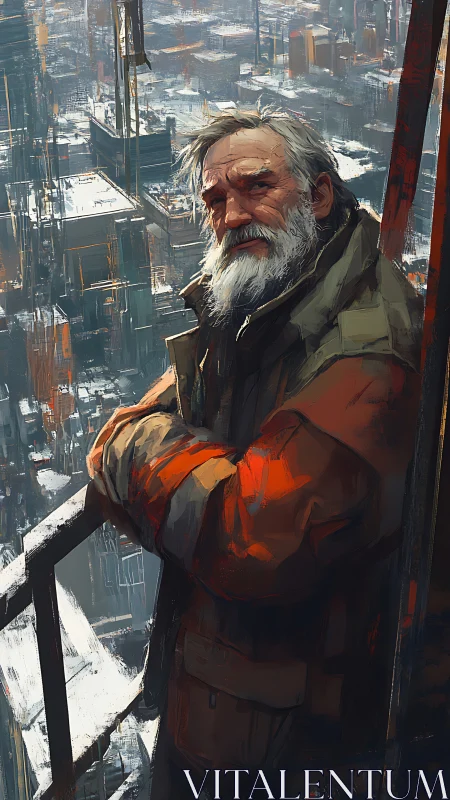 Older man on high balcony above dense winter cityscape.