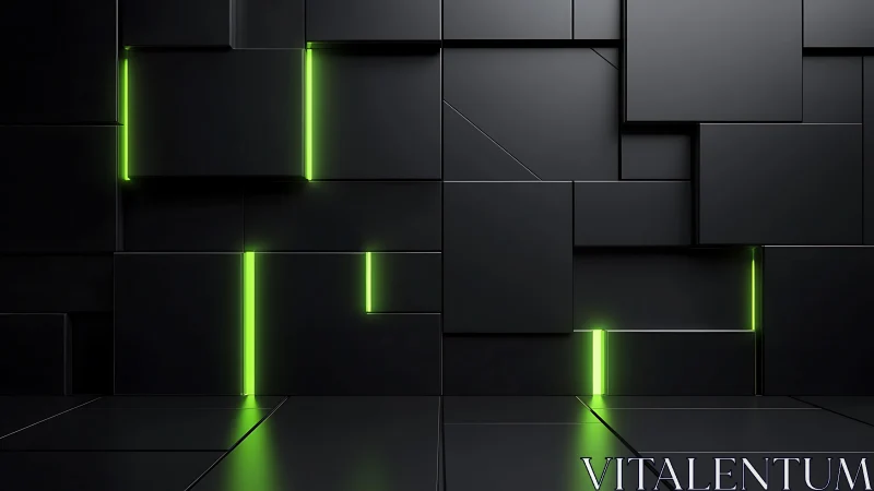 Geometric black wall with neon green glowing vertical light lines.
