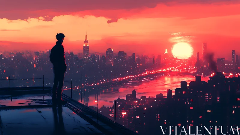 Silhouetted dreamer watches neon sunset over vast cityscape.