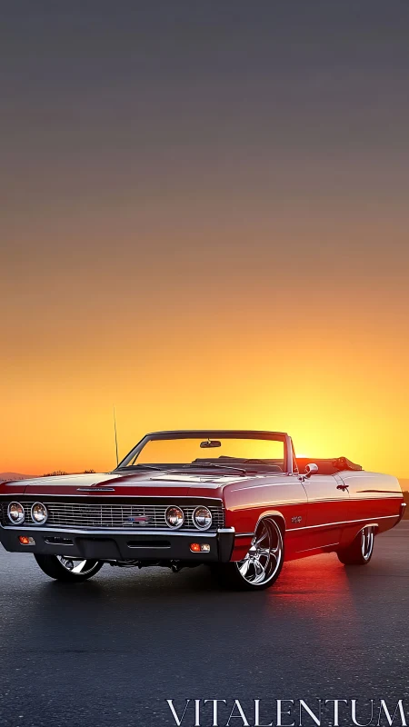 Classic red convertible rendered against vivid sunset horizon