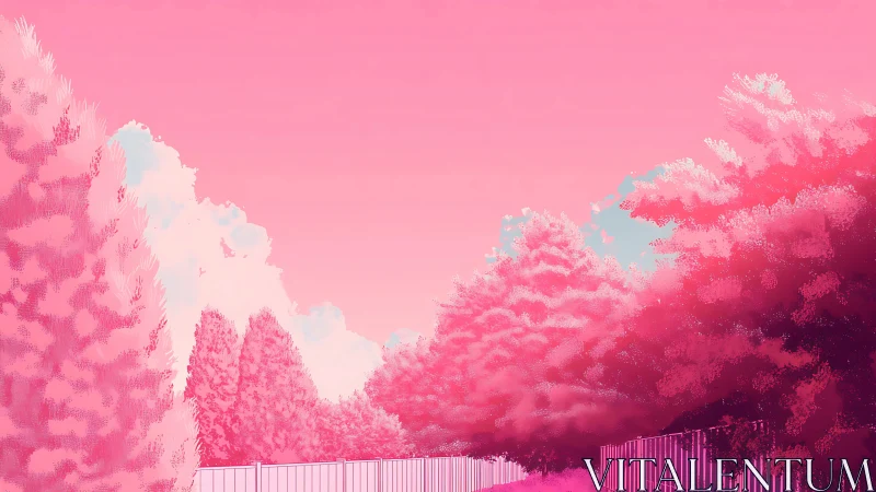 Pink stylized tree line bordering a quiet fenced path.