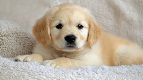 Golden retriever puppy resting on soft beige blanket.