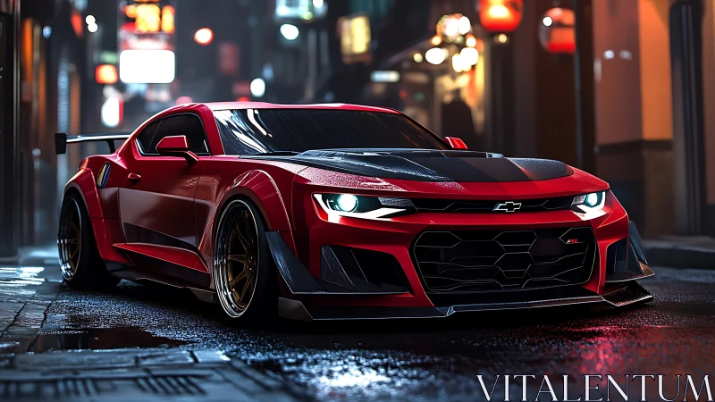 Midnight red Camaro stalks neon-soaked city streets. Period.