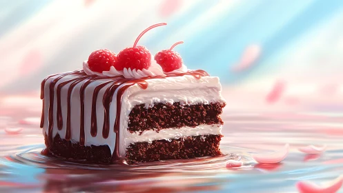 Multi-layer chocolate cake slice with raspberry garnish and drizzle
