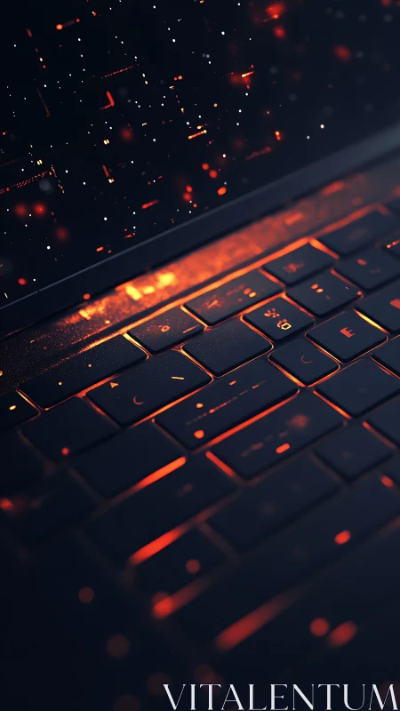 Glowing cyber keyboard with floating digital particles.