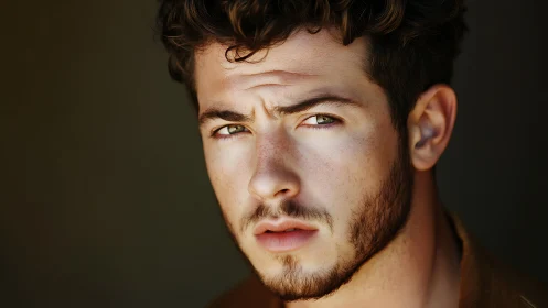 Close-up male portrait shows neutral gaze and side lighting