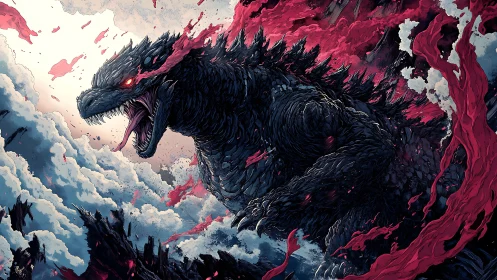 Godzilla roars amid storm clouds and red energy bursts