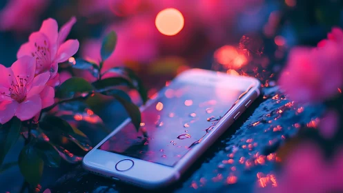 Neon Blooms Erupt Around Glowing Smartphone in Dreamscape