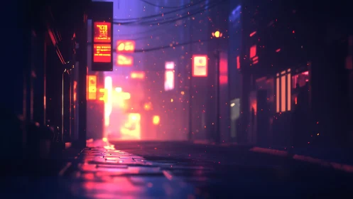 Neon lit urban alley with wet pavement at dusk.