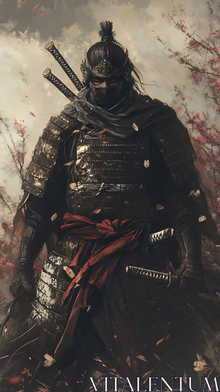 Armored warrior stands in autumn landscape with twin swords