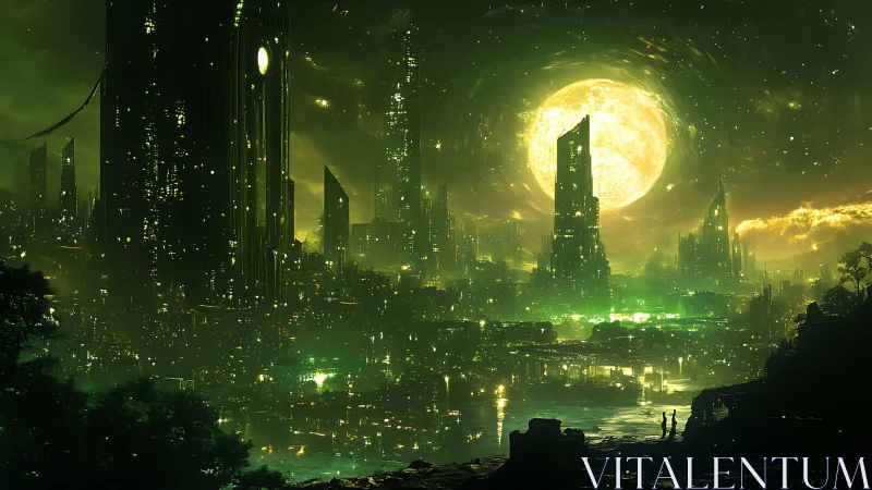 Emerald megacity skyline under colossal luminous moon glow.