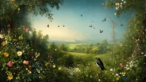 Lush flower valley with birds under bright spring sky.