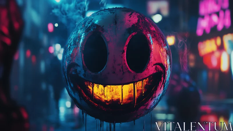 Neon nightmare smiley drips firelight in cyberpunk alley.