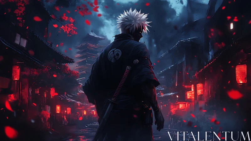 White haired ronin stalks neon red lantern rainstorm night.