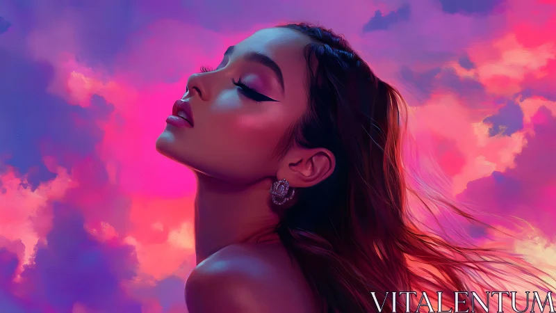 Digital portrait of woman against vivid pink purple sky.