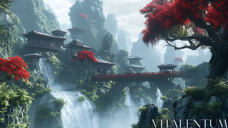 Tranquil mountain temples and bridge above cascading waterfalls.