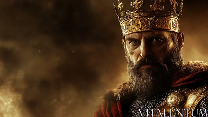 Steel-crowned medieval king stares through smoky golden dusk