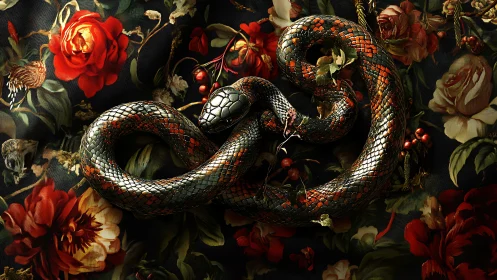 Coiled serpent gleams against lush baroque floral tapestry.