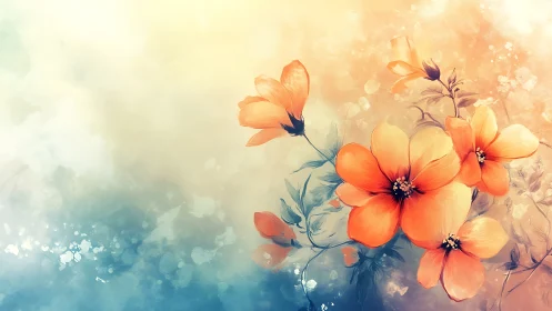 Orange and Coral Flowers Against Blue and Cream Background