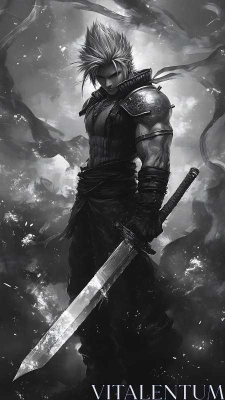 Monochrome anime swordsman in dramatic chiaroscuro lighting.
