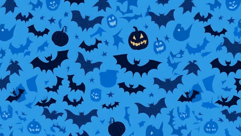 Blue Halloween bats and pumpkins seamless pattern design.