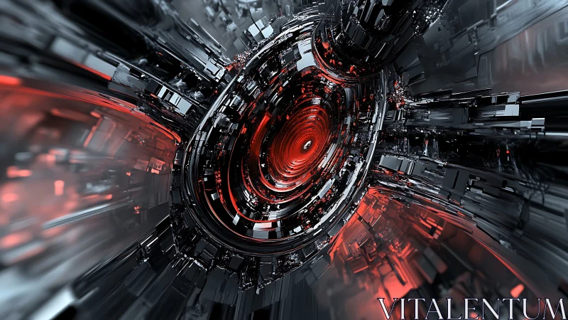 Futuristic metallic core radiates red energy in tunnel