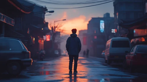 Solitary pedestrian in wet urban street at sunset light.