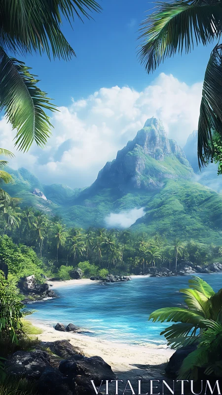 Tropical Island Paradise with Mountain Peak and Beach
