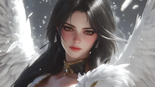 Soft-winged guardian angel with luminous golden gaze.