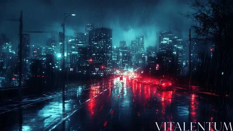 Rain soaked city avenue reflects neon car lights at night