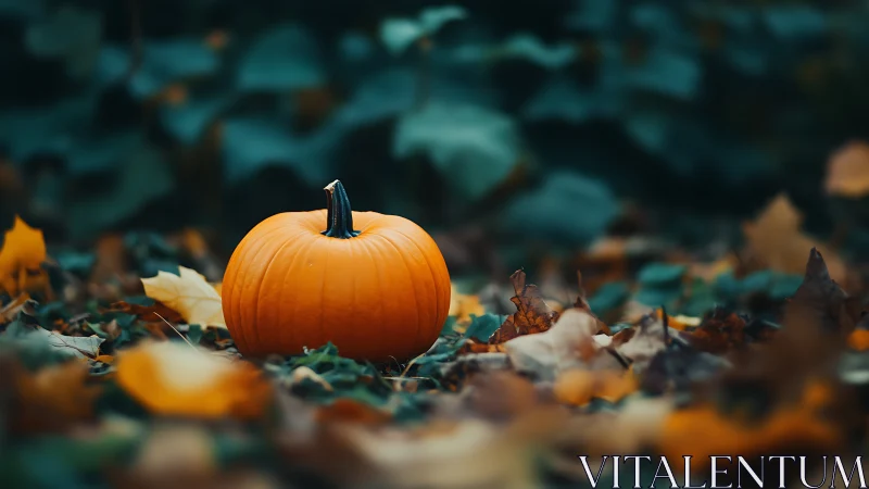 Bright pumpkin rests softly in a calm autumn forest floor