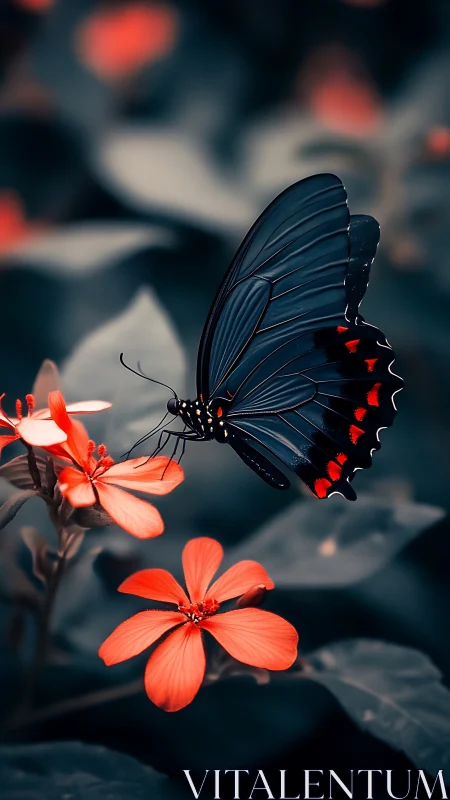 Midnight butterfly rests on vivid orange garden blooms.