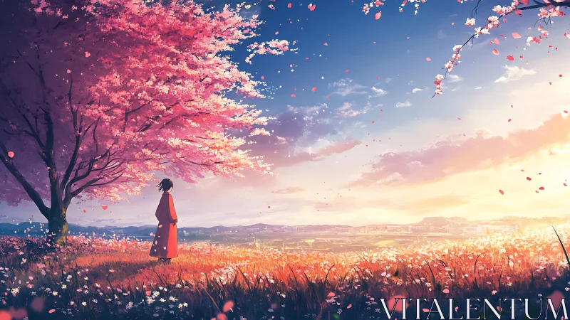 Solitary figure beneath luminous spring sakura canopy.