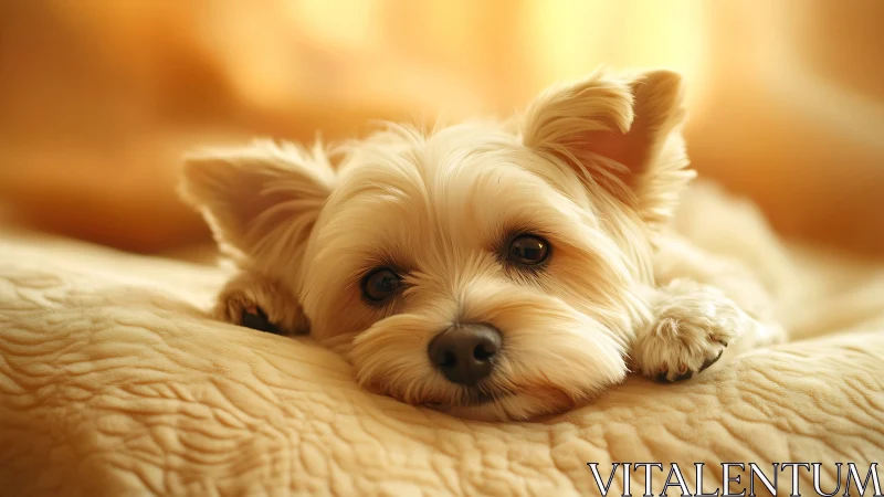 Small white dog resting on soft bed in warm golden light