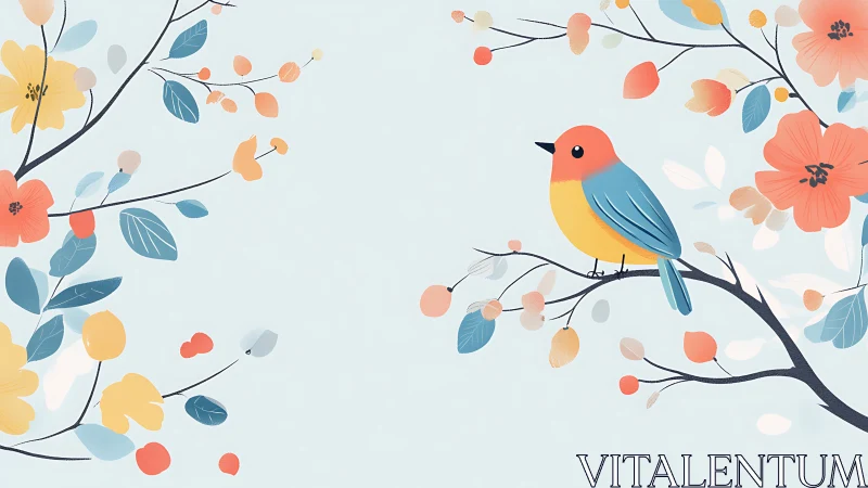 Stylized Bird Perched Among Flowering Branches.